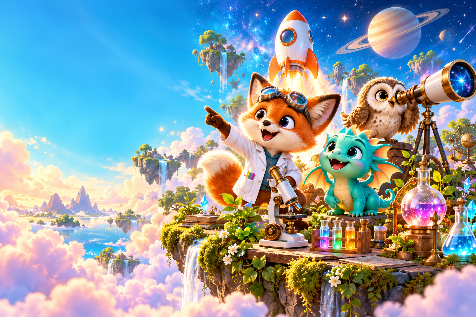 A cheerful fox scientist, baby dragon and owl exploring a magical laboratory with a rocket and planets